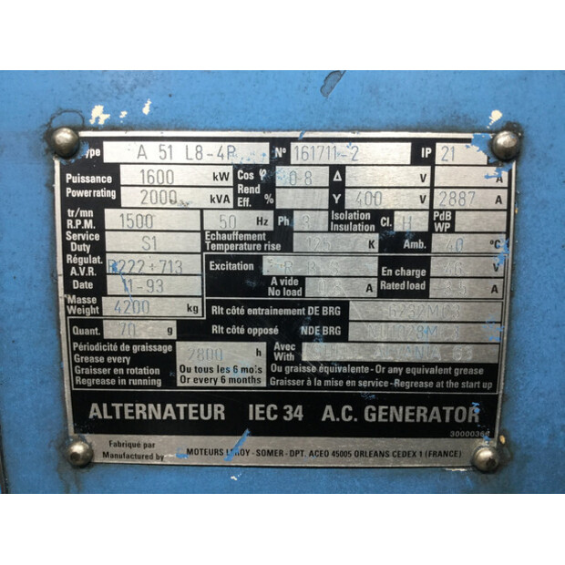 LEROY-SOMER A51L8-4P GENERATOR 2000 KVA USED-43675748