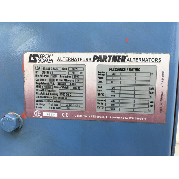 MTU 12V2000G25TB GENERATOR 625KVA USED-43676018