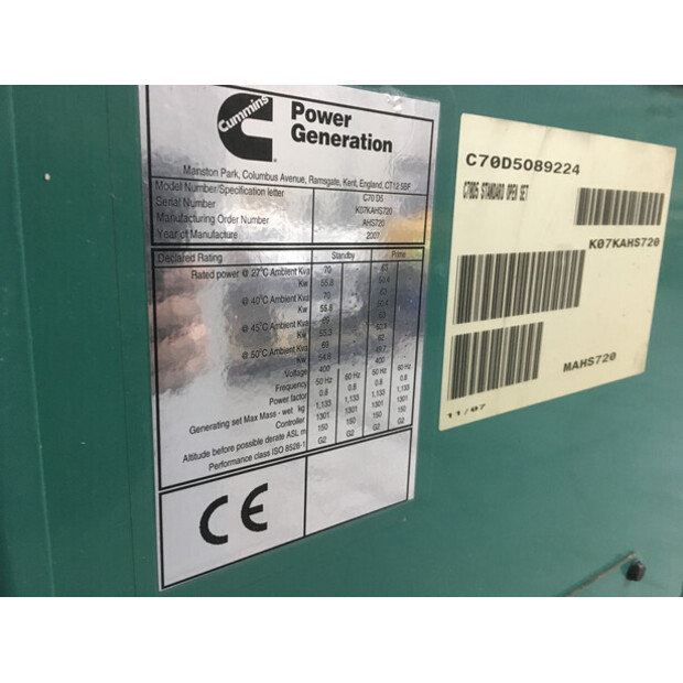 CUMMINS 4BT3.9-G4 GENERATOR 70 KVA USED-43676299