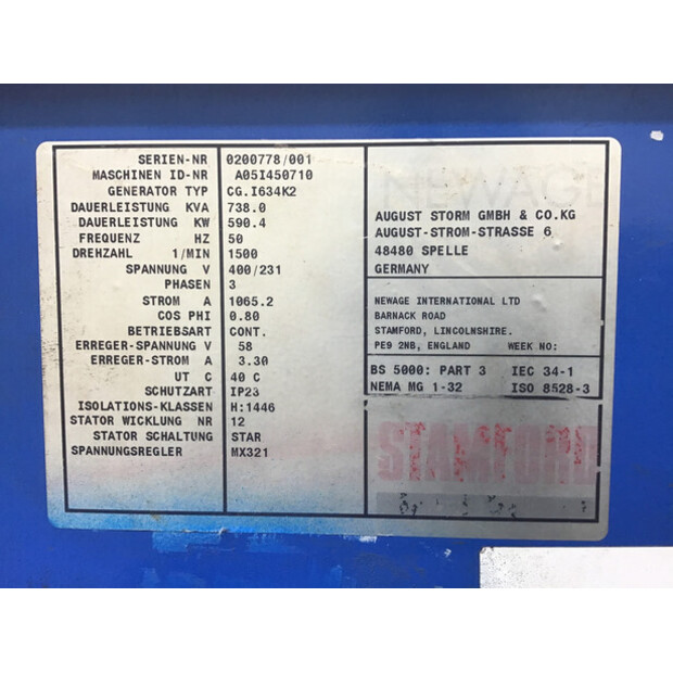 STAMFORD A05I450710 GENERATOR 738 KVA USED-43676606