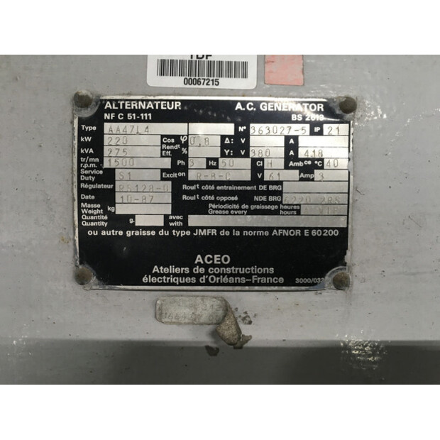 CUMMINS KT19G GENERATOR 275KVA USED-43676647