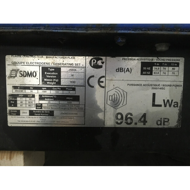 JOHN DEERE 4045TF120 GENERATOR 60 KVA USED-43676657