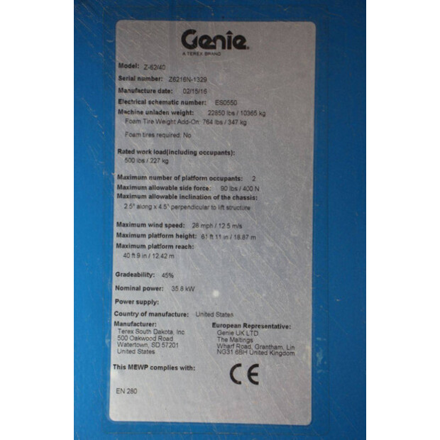 2016 Genie Z-62/40-44175095