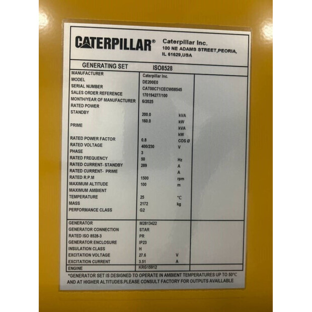2025 Caterpillar DE200E0 - 200 kVA Generator - DPX-18017-47250135