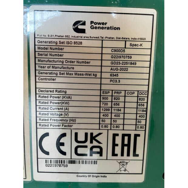 2022 CUMMINS C900D5-47250780