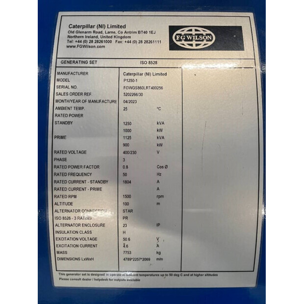 2025 FG Wilson P1250-1 - 1250 kVA Open Genset - DPX-16028-O-47251366