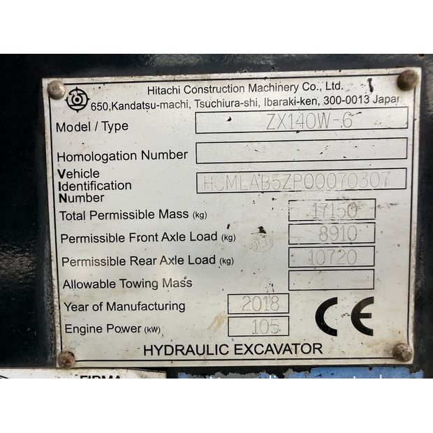 2018 Hitachi ZX140W-6-48509884